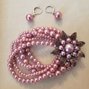 Pink Pearl & Rhinestone Bracelet/Brooch & Earrings